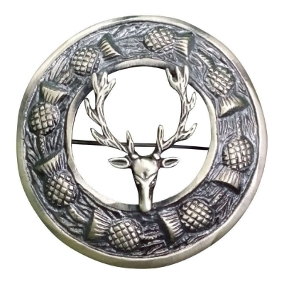 Plaid Brooch Thistle with SCOTTISH STAG ANTIQUE FINISH