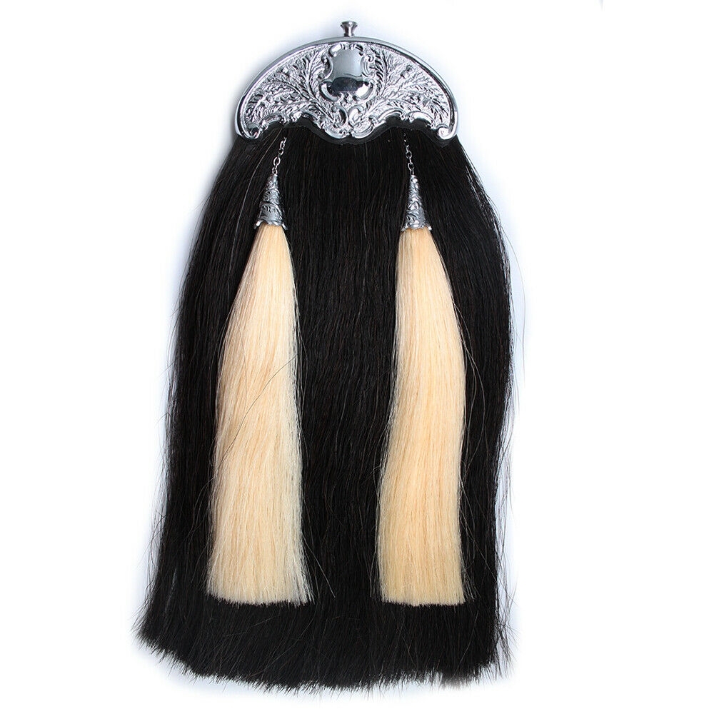 Sporran pouch is made of genuine leather. Sporran has 2 black real horse hair tassels on a white real horse hair body, 